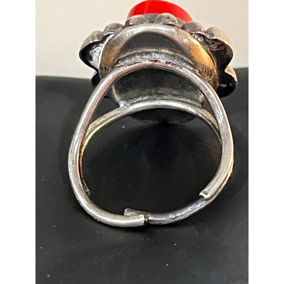 Vintage Beau Sterling Red Glass Cabochon Ring Size 6 Adjustable Mid Century - Picture 6 of 9